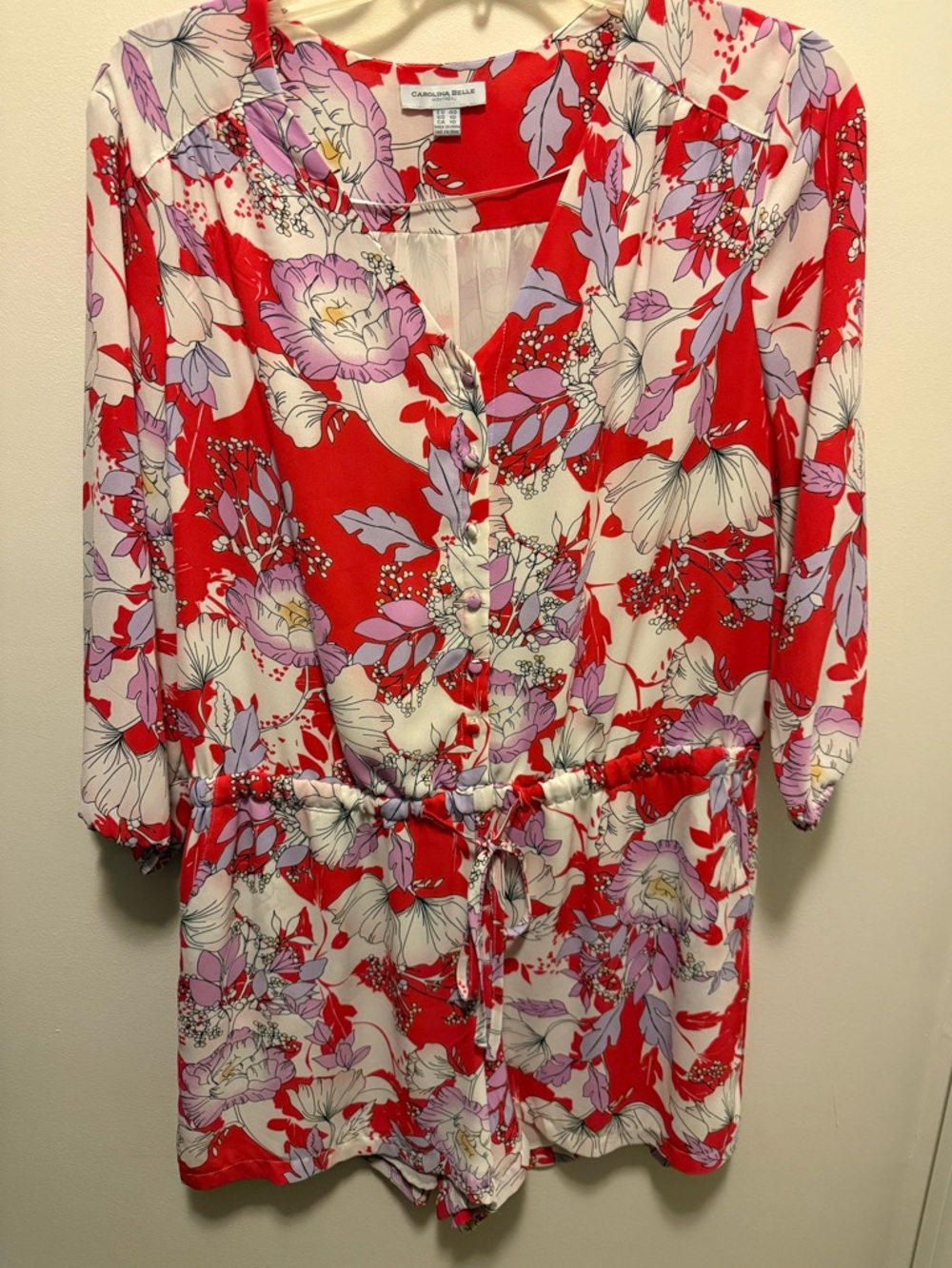 Carolina Belle Red Floral Long-Sleeve Tie-Waist Dress